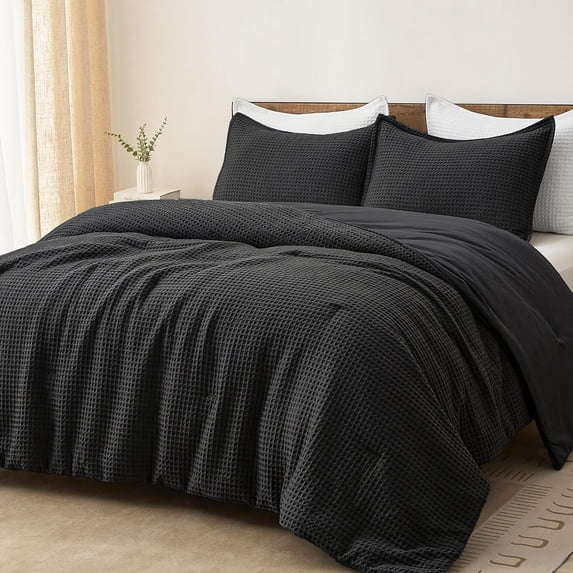 PHF 3-Piece Waffle Weave Comforter Set King Size, Lightweight Comfy Bedding Set for All Season, Ultra Soft Textured 1 Comforter with 2 Pillow Shams, Black