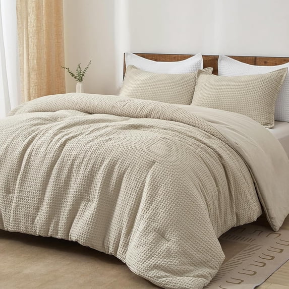 PHF 3-Piece Waffle Weave Comforter Set King Size, Lightweight Comfy Bedding Set for All Season, Ultra Soft Textured 1 Comforter with 2 Pillow Shams, Linen