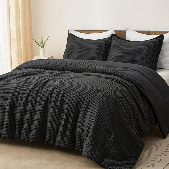 PHF 3-Piece Waffle Weave Comforter Set Queen Size, Lightweight Comfy Bedding Set for All Season, Ultra Soft Textured 1 Comforter with 2 Pillow Shams, Black
