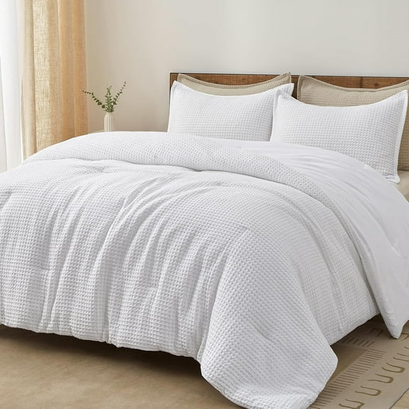 PHF 3-Piece Waffle Weave Comforter Set Queen Size, Lightweight Comfy Bedding Set for All Season, Ultra Soft Textured 1 Comforter with 2 Pillow Shams, White