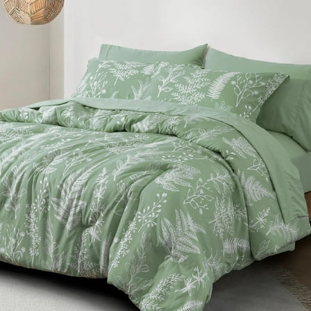 PHF 5 Pieces Printed Twin Comforter Set, Lightweight Reversible Botanical Bedding Set Include Comforter, Pillow Sham, Flat Sheet, Fitted Sheet and Pillowcase, Sage Green