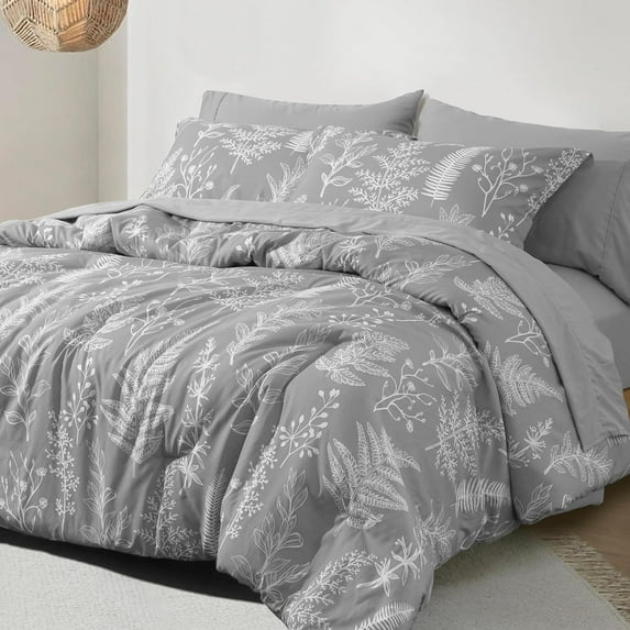 PHF 5 Pieces Printed Twin Comforter Set, Lightweight Reversible Botanical Bedding Set Include Comforter, Pillow Sham, Flat Sheet, Fitted Sheet and Pillowcase, Grey