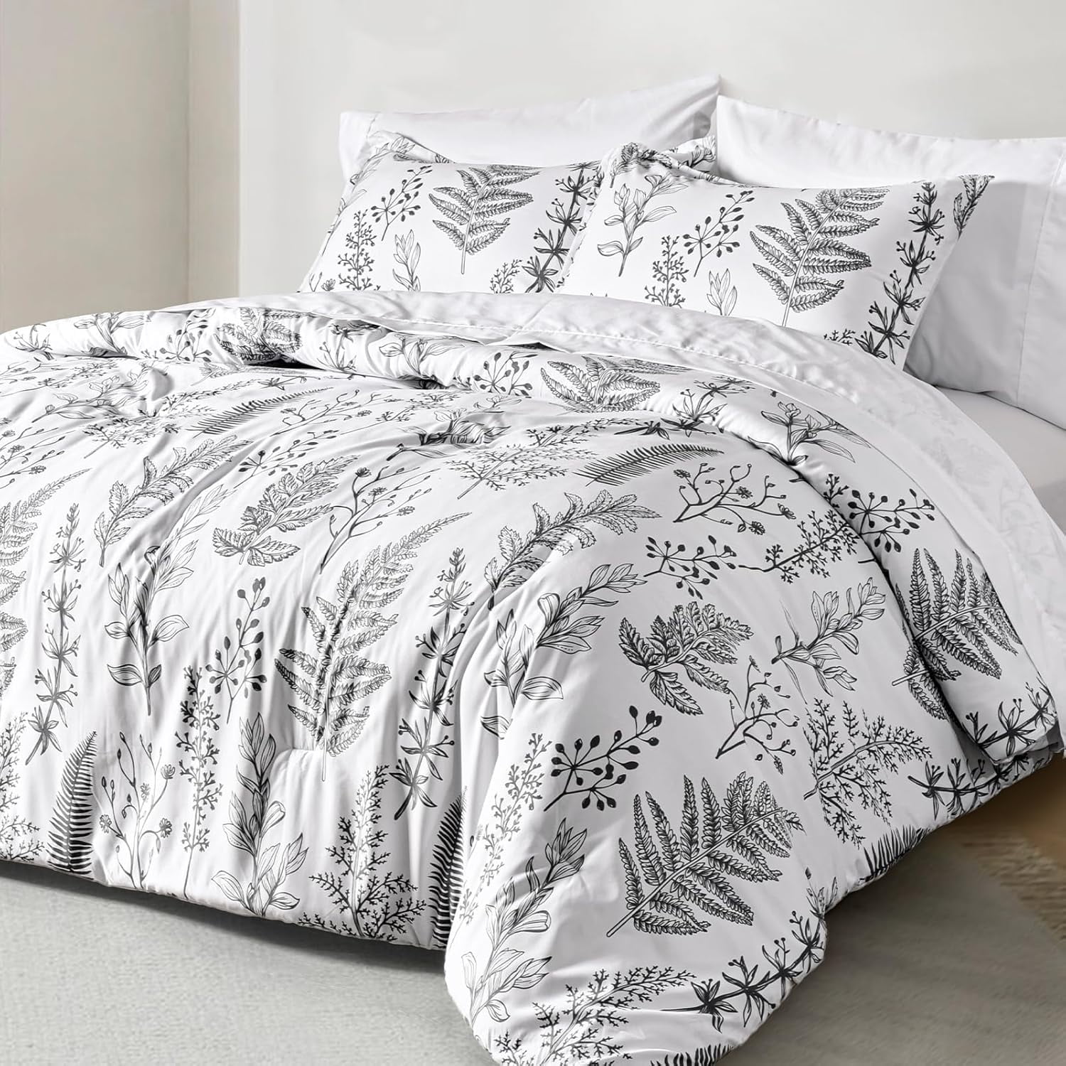 PHF 5 Pieces Printed Twin Comforter Set, Lightweight Reversible Botanical Bedding Set Include Comforter, Pillow Sham, Flat Sheet, Fitted Sheet and Pillowcase, White