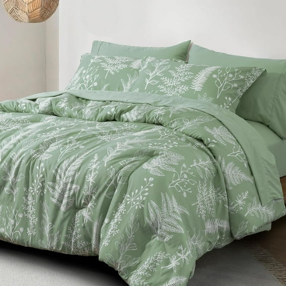 PHF 7 Pieces Printed California King Bed in a Bag, Lightweight Reversible Botanical Bedding Set Include Comforter, Pillow Shams, Flat Sheet, Fitted Sheet and Pillowcases, Sage Green