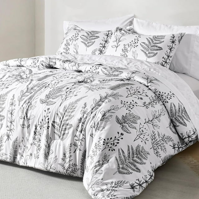 PHF 7 Pieces Printed California King Bed in a Bag, Lightweight Reversible Botanical Bedding Set Include Comforter, Pillow Shams, Flat Sheet, Fitted Sheet and Pillowcases, White