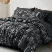 PHF 7 Pieces Printed Queen Comforter Set, Lightweight Reversible Botanical Bedding Set Include Comforter, Pillow Shams, Flat Sheet, Fitted Sheet and Pillowcases, Black