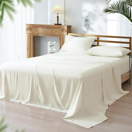 PHF Bamboo Bed Sheet Sets, 4 Pieces Queen Silky Soft Bedding Sheets, 1800 Thread Count 16 Inch Deep Pockets, Cream