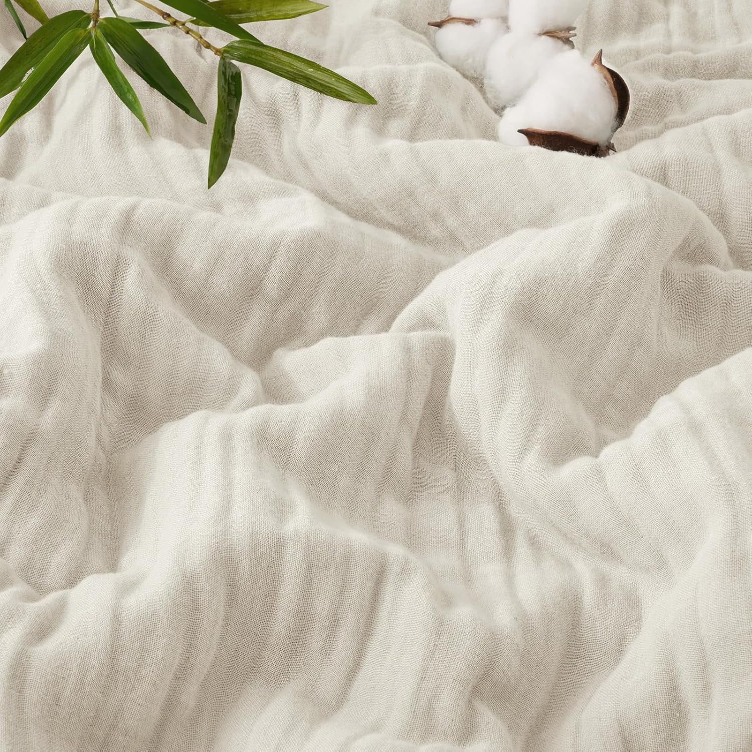 PHF Cooling Muslin Twin Blanket for Hot Sleepers, 4-Layer Breathable Bamboo Rayon & Cotton Gauze, Lightweight Summer Blanket for Bed or Couch, 66" x 90", Oat Milk