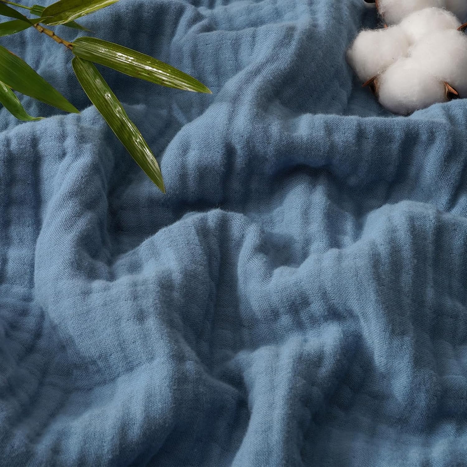 PHF Cooling Muslin Twin Blanket for Hot Sleepers, 4-Layer Breathable Bamboo Rayon & Cotton Gauze, Lightweight Summer Blanket for Bed or Couch, 66" x 90", Prussian Blue