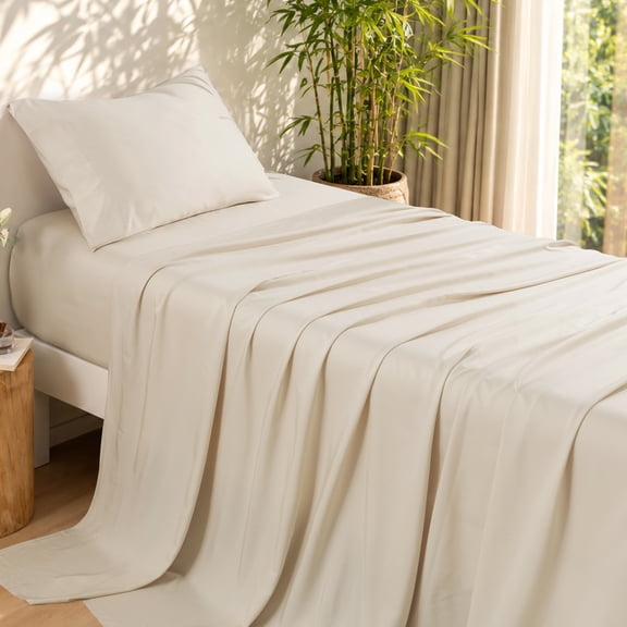 PHF Cooling Twin Sheet Set, 3-Piece Viscose Derived from Bamboo Bed Sheets, Deep Pocket Up to 16 Inches, Silky Soft & Breathable Bed Sheets for Hot Sleepers, Light Beige