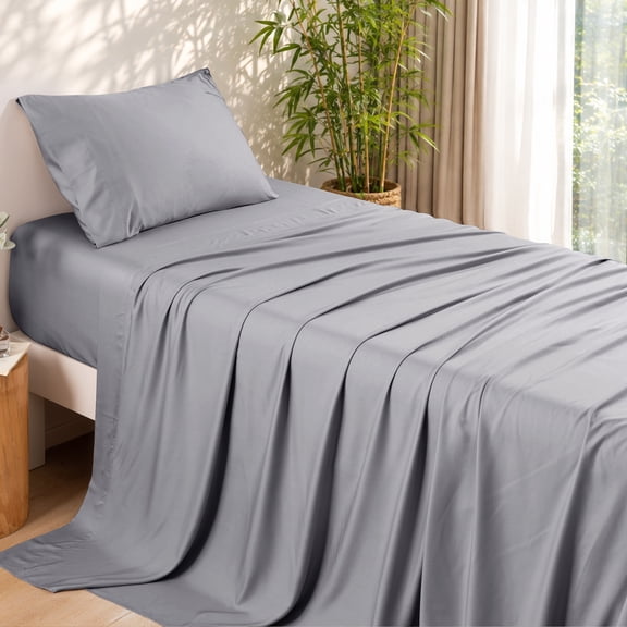 PHF Cooling Twin Sheet Set, 3-Piece Viscose Derived from Bamboo Bed Sheets, Deep Pocket Up to 16 Inches, Silky Soft & Breathable Bed Sheets for Hot Sleepers, Silver Grey