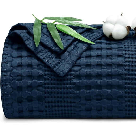 PHF Cooling Waffle Blanket King Size, Lightweight 60% Rayon Derived from Bamboo for Hot Sleepers, Soft and Breathable for Bed Couch and Sofa, 104"x90", Navy BLue