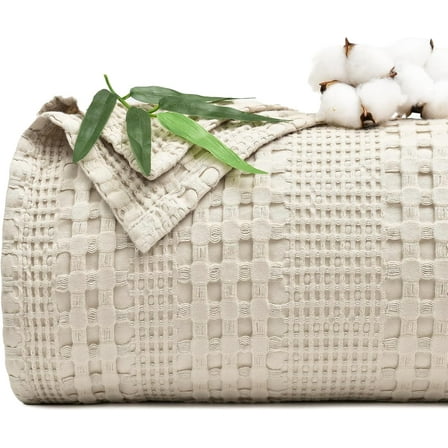 PHF Cooling Waffle Blanket Queen Size, Lightweight 60% Rayon Derived from Bamboo for Hot Sleepers, Soft and Breathable for Bed Couch and Sofa, 90"x90", Linen
