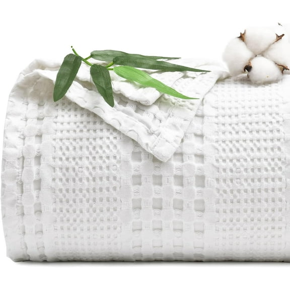 PHF Cooling Waffle Blanket Twin Size, Lightweight 60% Rayon Derived from Bamboo for Hot Sleepers, Soft and Breathable for Bed Couch and Sofa, 66"x90", White