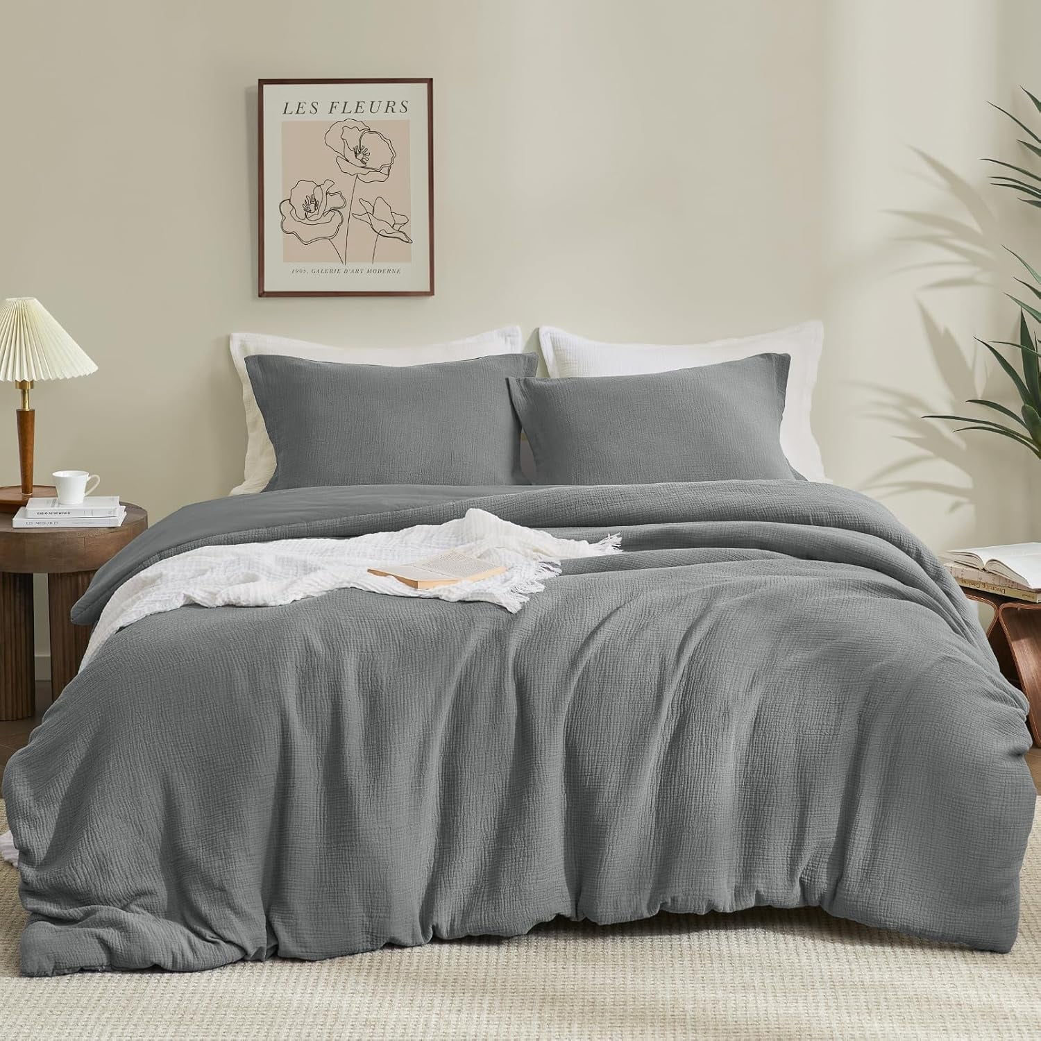 PHF Cotton Muslin Comforter Set King Size, Ultra Soft, Breathable & Lightweight Bedding Set for All Seasons, 1 Comfy Comforter 104"x90", 2 Pillow Shams 20"x36", Grey