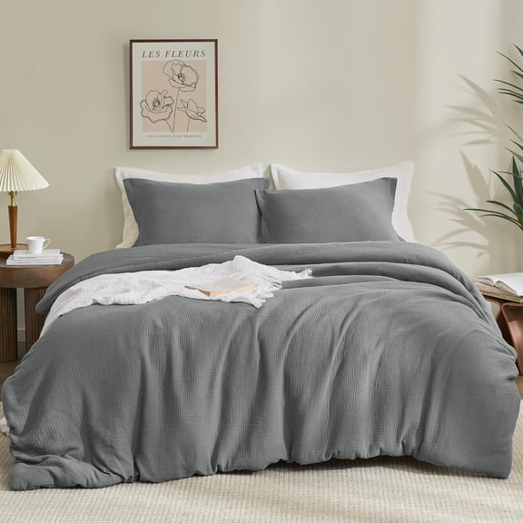 PHF Cotton Muslin Comforter Set King Size, Ultra Soft, Breathable & Lightweight Bedding Set for All Seasons, 1 Comfy Comforter 104"x90", 2 Pillow Shams 20"x36", Grey