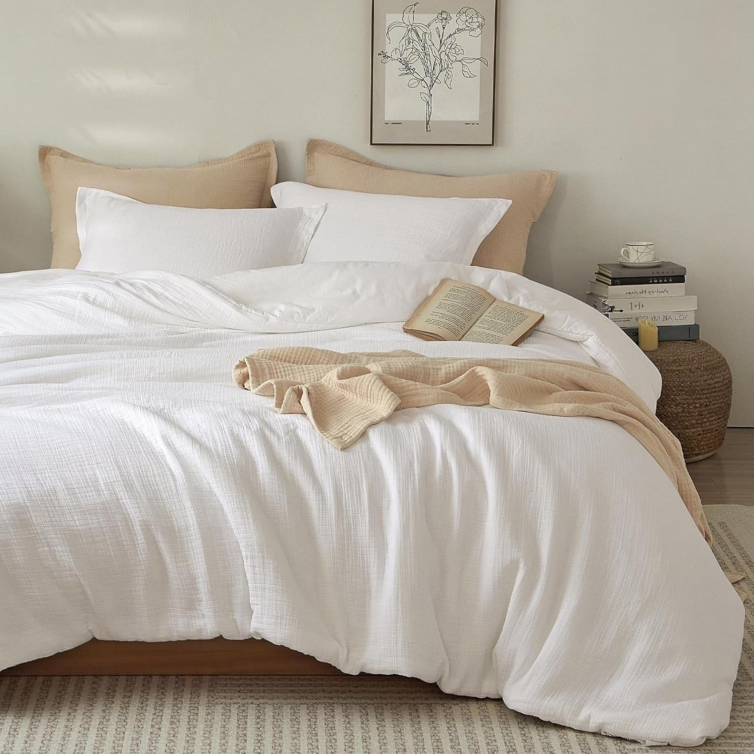 PHF Cotton Muslin Comforter Set King Size, Ultra Soft, Breathable & Lightweight Bedding Set for All Seasons, 1 Comfy Comforter 104"x90", 2 Pillow Shams 20"x36", White