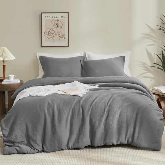 PHF Cotton Muslin Comforter Set Queen Size, Ultra Soft Breathable & Lightweight Bedding Set for All Seasons, 1 Comfy Comforter 90"x90", 2 Pillow Shams 20"x26", Grey