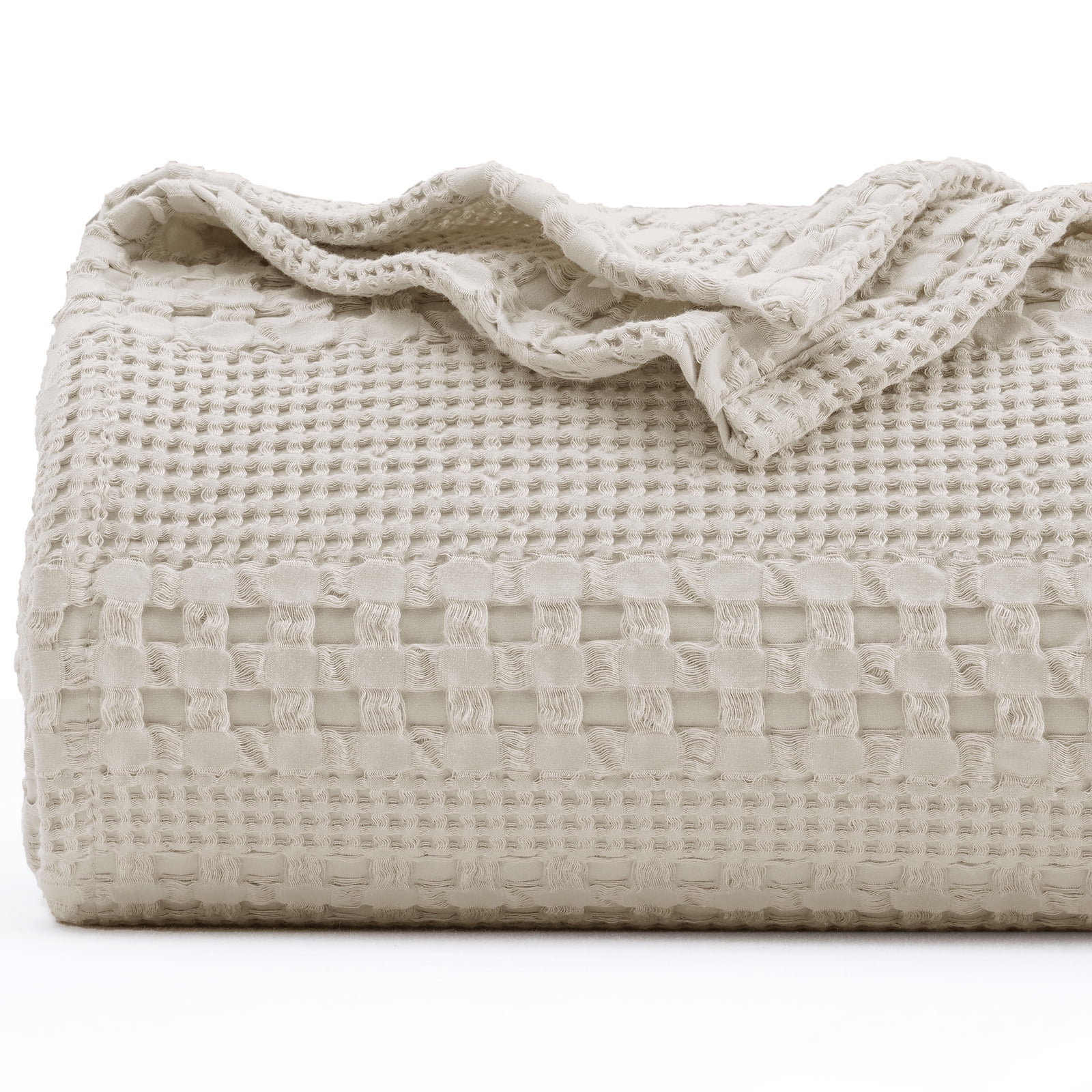 PHF 100% Cotton Waffle Weave Blanket, Lightweight Queen Washed Blanket for Bed Sofa Home Decor, Oatmeal, 90"x90"