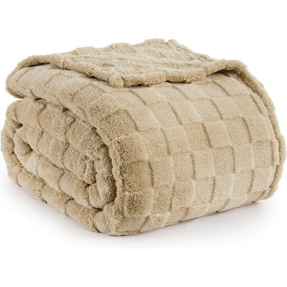 PHF Checkered Fleece Blanket Queen Size for Sofa Bed, Contemporary Flannel Fleece 3D Jacquard Fluffy Blanket, No Shedding, No Pilling, 90" x 90", Light Khaki