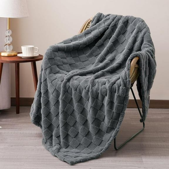 PHF Checkered Fleece Blanket Throw Size for Couch, Contemporary Flannel Fleece 3D Jacquard Fluffy Blanket, No Shedding, No Pilling, 50" x 60", Dark Grey