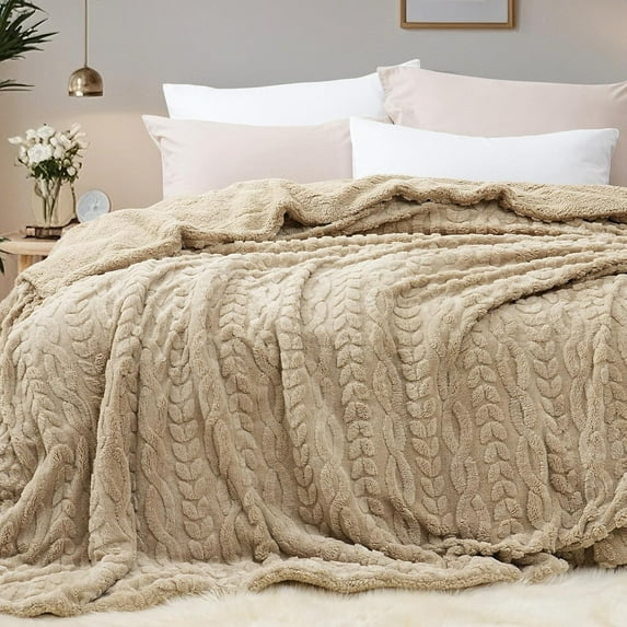 PHF Fluffy Sherpa Blanket King Size, Ultra Soft 510GSM 3D Jacquard Thick Shaggy Fleece Plush Blanket for Sofa Bed, Khaki, 108"x90"