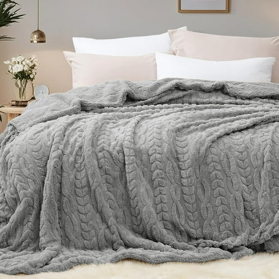 PHF Fluffy Sherpa Blanket Queen Size, Ultra Soft 510GSM 3D Jacquard Thick Shaggy Fleece Plush Blanket for Sofa Bed, Grey, 90"x90"