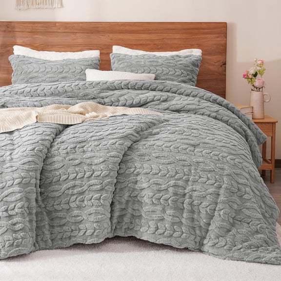 PHF Fluffy Sherpa Fleece Twin Comforter Set, 2 Pieces Warm Fuzzy Soft Bedding for Winter, 3D Tufted Flannel Plush Shaggy Bed Set, 1 Comforter (68"x90") and 1 Pillowcase (20"x26"), Grey