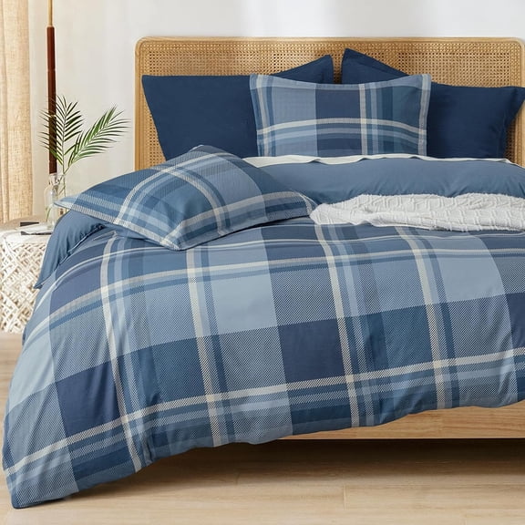 PHF 3-Piece Plaid Duvet Cover Set, Queen Size, Soft Breathable Washed Microfiber Bedding Set with 2 Pillow Shams, Zipper Closure & 8 Ties, Striped Misty Blue