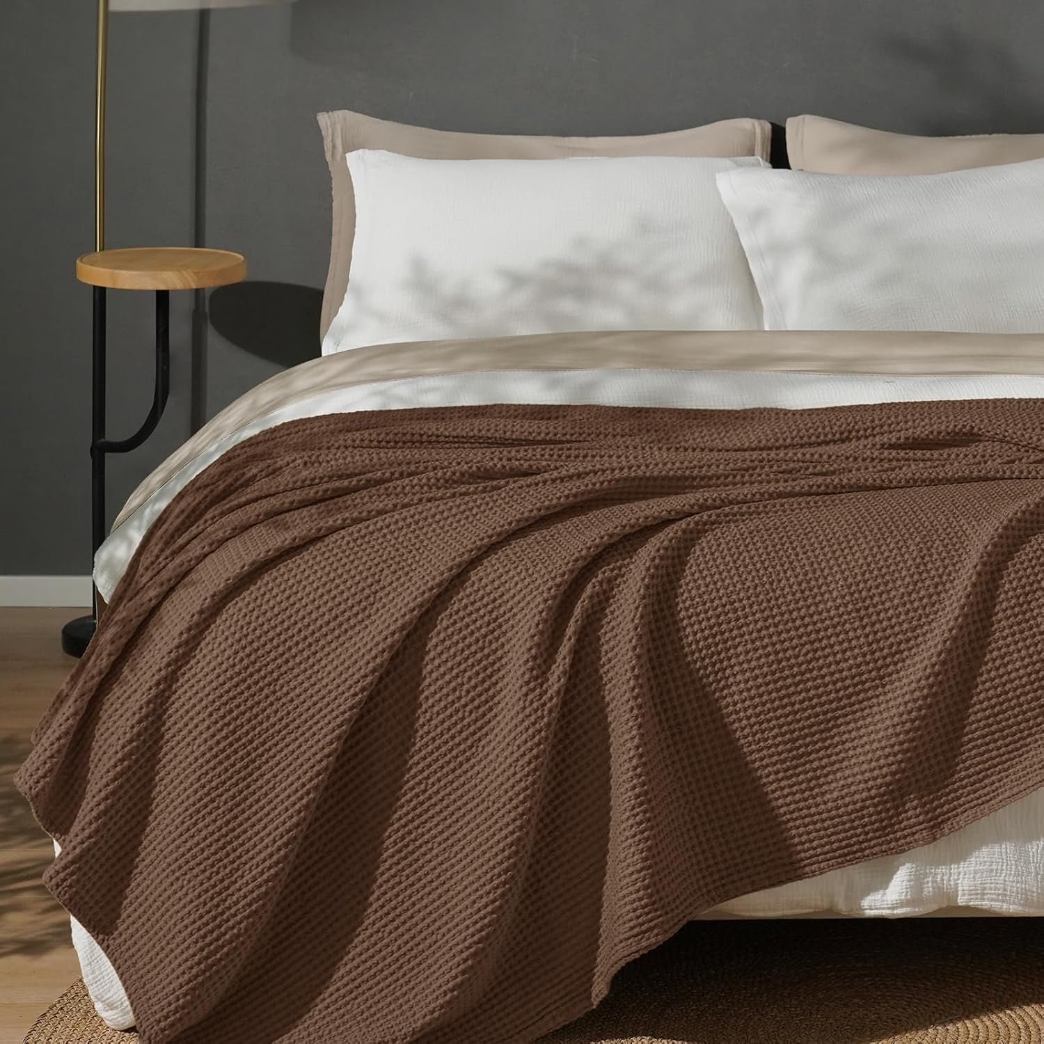 PHF Cotton Waffle Weave Blanket King Size for Bed, Lightweight Breathable Blanket for Couch, Home Decor Gift, Cappuccino, 104"x 90"
