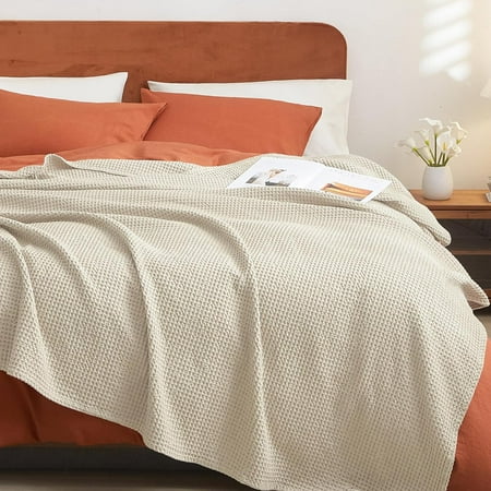 PHF Cotton Waffle Weave Blanket Queen Size for Bed, Lightweight Breathable Blanket for Couch, Home Decor Gift, Linen, 90"x 90"
