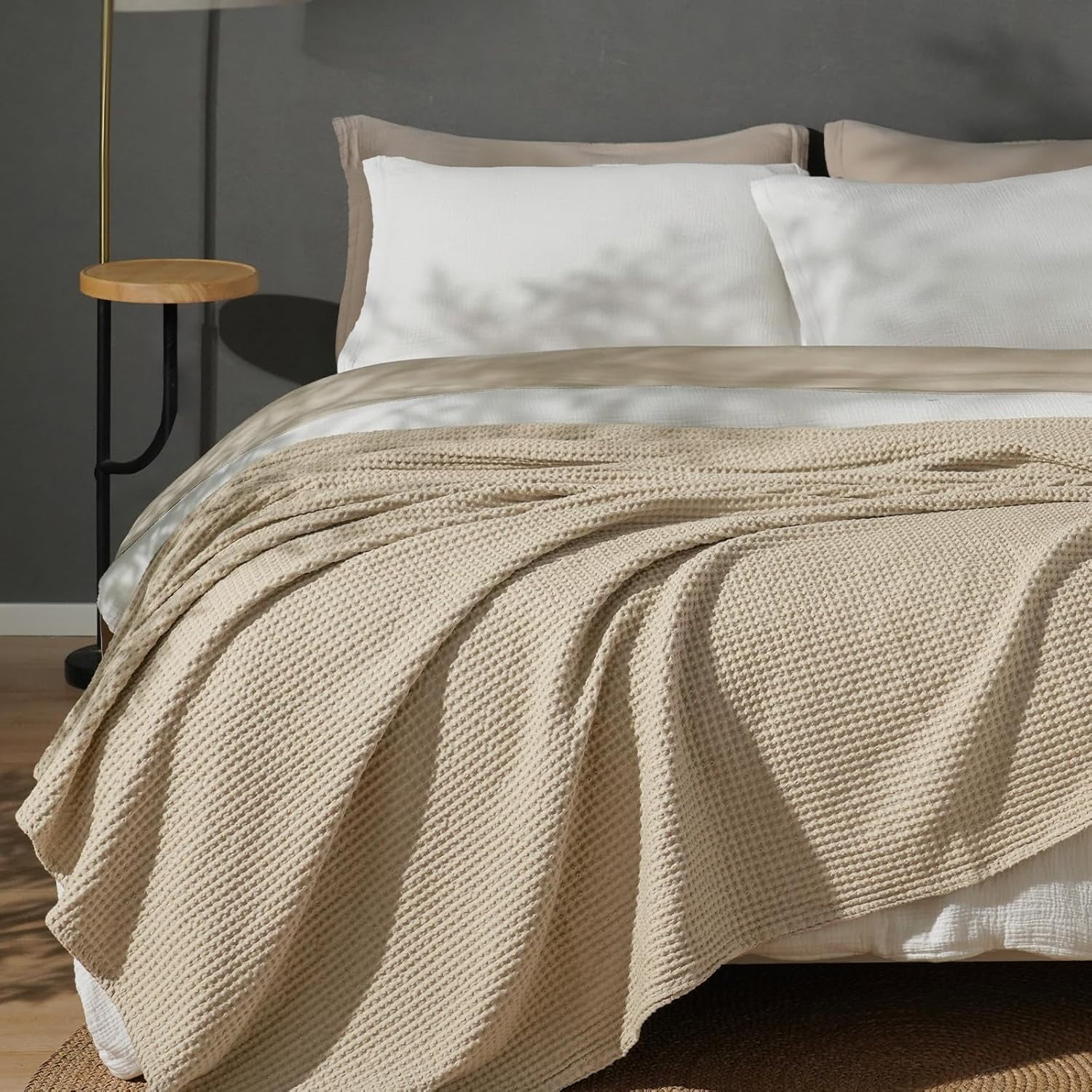 PHF Cotton Waffle Weave Blanket Twin Size for Bed, Lightweight Breathable Blanket for Couch, Home Decor Gift, Khaki, 66"x 90"