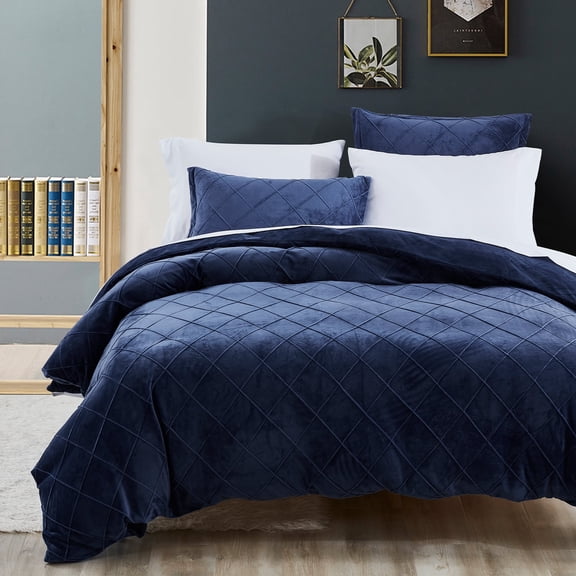 PHF Super Soft Velvet Duvet Cover Set Queen Size, 3 Pieces Warm Fluffy Comforter Cover Set, Cozy Flannel Comforter Cover with Pillow Shams, 90"x90", Navy Blue (No Insert)