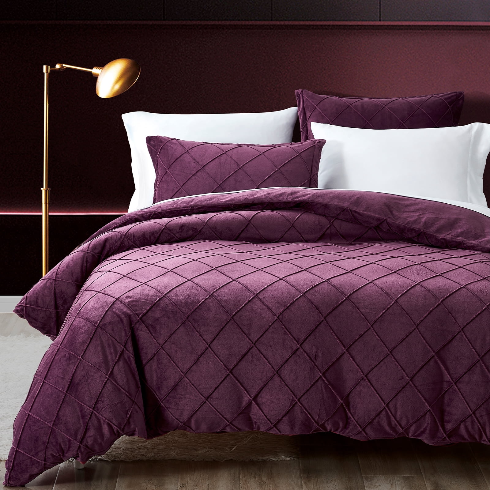 PHF Super Soft Velvet Duvet Cover Set Queen Size, 3 Pieces Warm Fluffy Comforter Cover Set, Cozy Flannel Comforter Cover with Pillow Shams, 90"x90", Wine Red (No Insert)