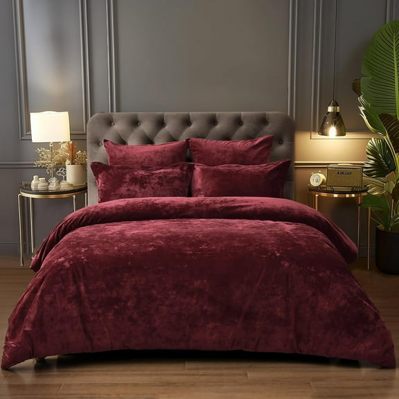 PHF Truly Velvet Comforter Set King Size, 5 Pieces Ultra Soft Luxury Warm Bedding Sets, Bedding Collection Including 1 Cozy Comforter, 2 Pillow Shams, 2 Euro Shams, Wine Red