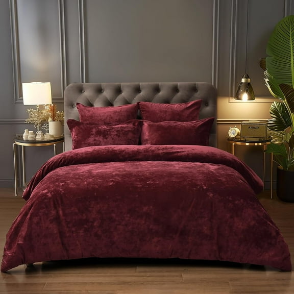 PHF Truly Velvet Comforter Set Queen Size, 5 Pieces Ultra Soft Luxury Warm Bedding Sets, Bedding Collection Including 1 Cozy Comforter, 2 Pillow Shams, 2 Euro Shams, Wine Red