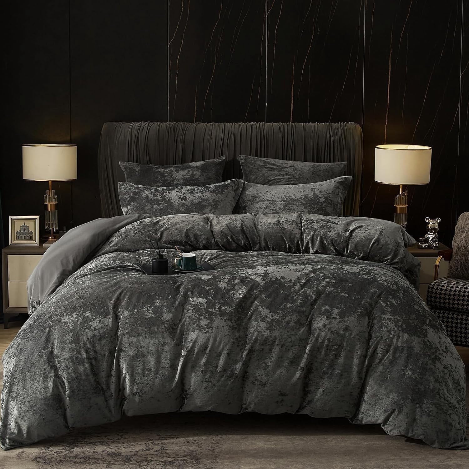 PHF Truly Velvet Duvet Cover Set King Size, 3 Pieces Luxury Ultra Soft Comforter Cover Set, Warm Flannel Duvet Cover with 2 Pillow Shams Bedding Collection, 104"x90", Grey (No Insert)