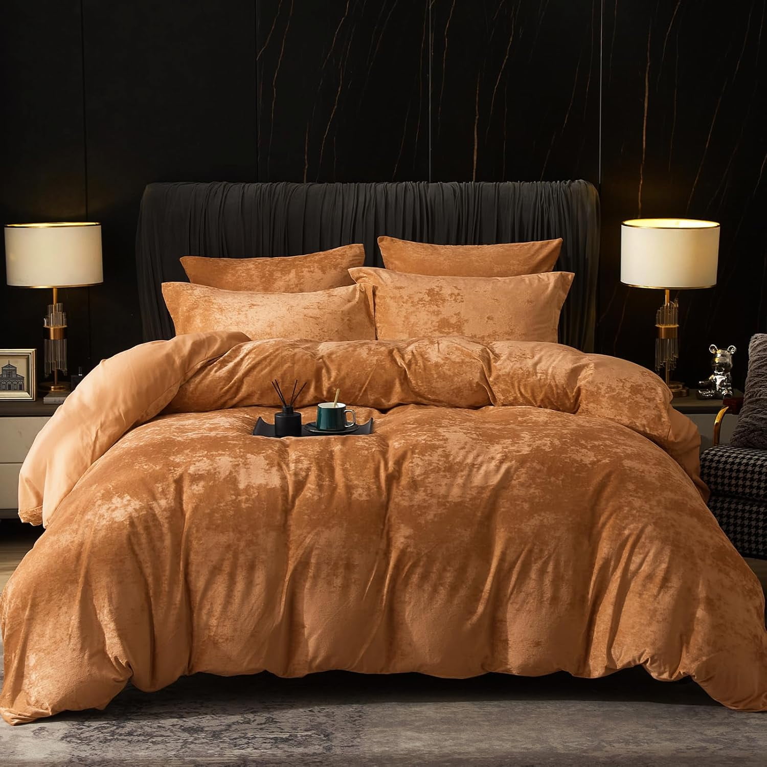 PHF Truly Velvet Duvet Cover Set King Size, 3 Pieces Luxury Ultra Soft Comforter Cover Set, Warm Flannel Duvet Cover with 2 Pillow Shams Bedding Collection, 104"x90", Brown Sugar (No Insert)