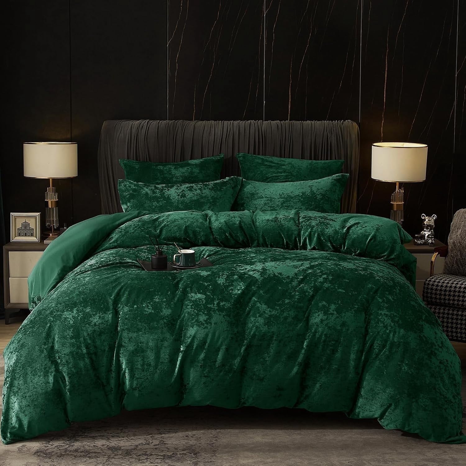 PHF Truly Velvet Duvet Cover Set Queen Size, 3 Pieces Luxury Ultra Soft Comforter Cover Set, Warm Flannel Duvet Cover with 2 Pillow Shams Bedding Collection, 90"x90", Emerald green (No Insert)