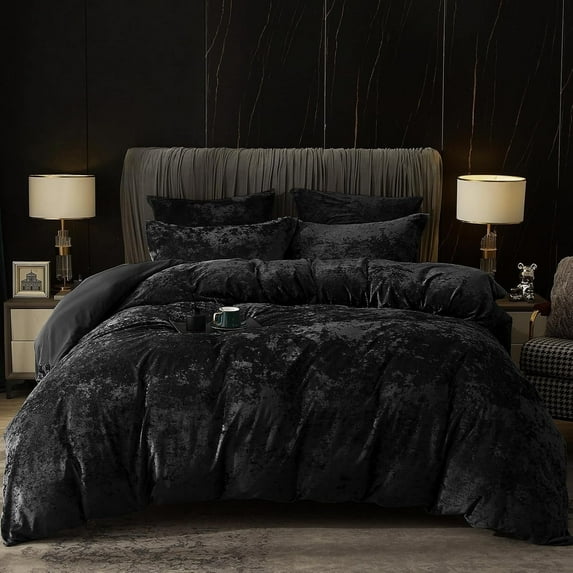 PHF Truly Velvet Duvet Cover Set Queen Size, 3 Pieces Luxury Ultra Soft Comforter Cover Set, Warm Flannel Duvet Cover with 2 Pillow Shams Bedding Collection, 90"x90", Black (No Insert)