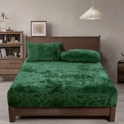 PHF Truly Velvet Fitted Sheet King Size, Luxury Super Soft Flannel  Bottom Sheet with 15" Deep Pocket for Winter, Emerald Green