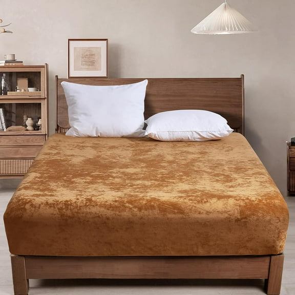 PHF Truly Velvet Fitted Sheet Queen Size, Luxury Super Soft Flannel Bottom Sheet with 15" Deep Pocket for Winter, Brown Sugar