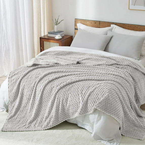 PHF Lightweight Queen Size Fleece Blanket, Contemporary Flannel Fleece 3D Jacquard Aesthetic Fluffy Blanket, No Shedding, No Pilling, 90" x 90", Light Grey