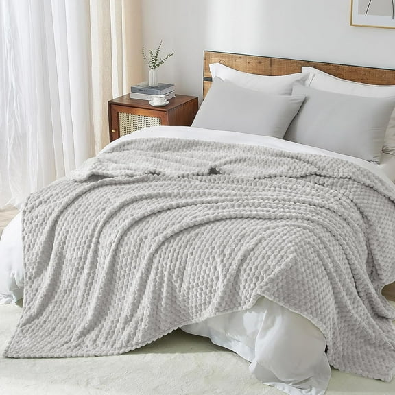 PHF Lightweight Queen Size Fleece Blanket, Contemporary Flannel Fleece 3D Jacquard Aesthetic Fluffy Blanket, No Shedding, No Pilling, 90" x 90", Light Grey