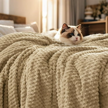 PHF Lightweight Twin Size Fleece Blanket, Contemporary Flannel Fleece 3D Jacquard Aesthetic Fluffy Blanket, No Shedding, No Pilling, 66" x 90", Light Khaki