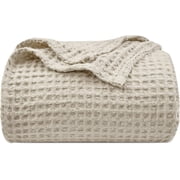 PHF Ultra Soft Waffle Weave Blanket Queen Size, Washed Lightweight Summer Breathable Blankets for Hot Sleeper, Linen, 90x90 inches