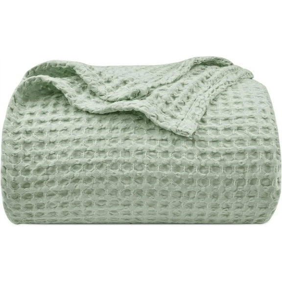 PHF Ultra Soft Waffle Weave Blanket Queen Size, Washed Lightweight Summer Breathable Blankets for Hot Sleeper, Sage Green, 90x90 inches
