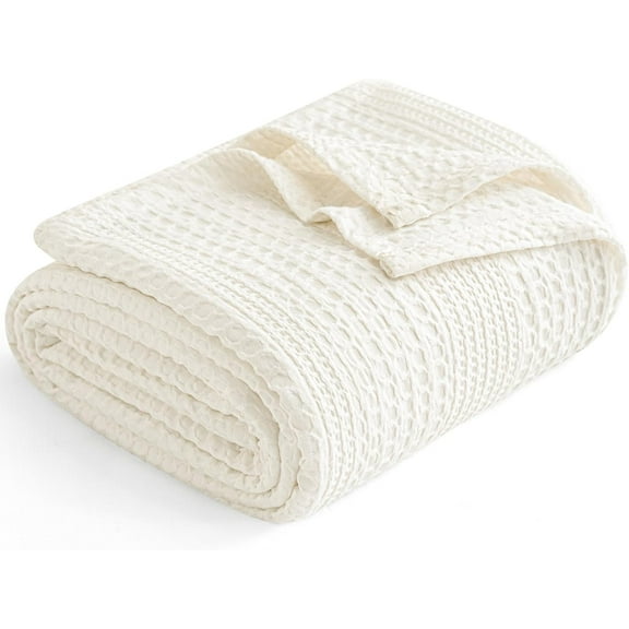 PHF Ultra Soft Waffle Weave Blanket Queen Size for Bed, Lightweight and Breathable Blanket, Perfect for Hot Sleepers, 90"x 90", Coconut White