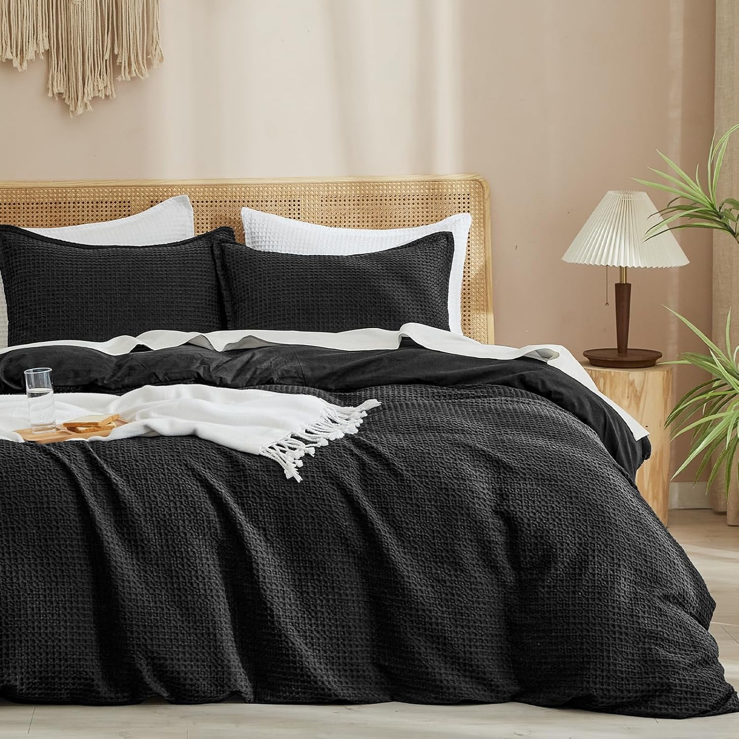 PHF Waffle Duvet Cover Set King Size, 3 Pieces Soft Breathable Bedding Comforter Cover for All Seasons, Waffle Textured Duvet Cover with 2 Pillow Shams Bedding Collection, 104"x90", Black