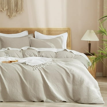 PHF Waffle Duvet Cover Set Queen Size, 3 Pieces Soft Breathable Bedding Comforter Cover for All Seasons, Waffle Textured Duvet Cover with 2 Pillow Shams Bedding Collection, 90"x90", Linen